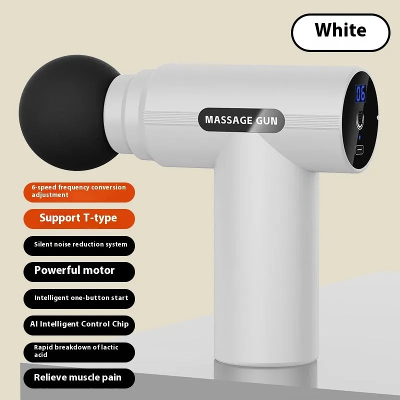 USB portable mini massage gun in white with brushed motor, three speed settings, and digital display