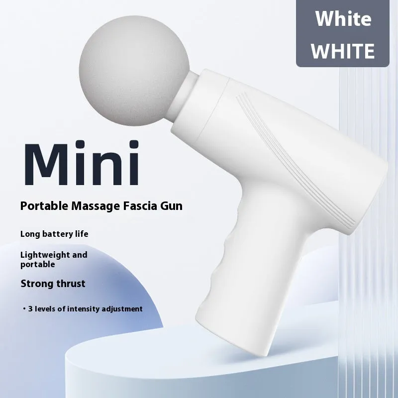 USB portable mini massage gun in white with brushed motor, three speed settings, and digital display