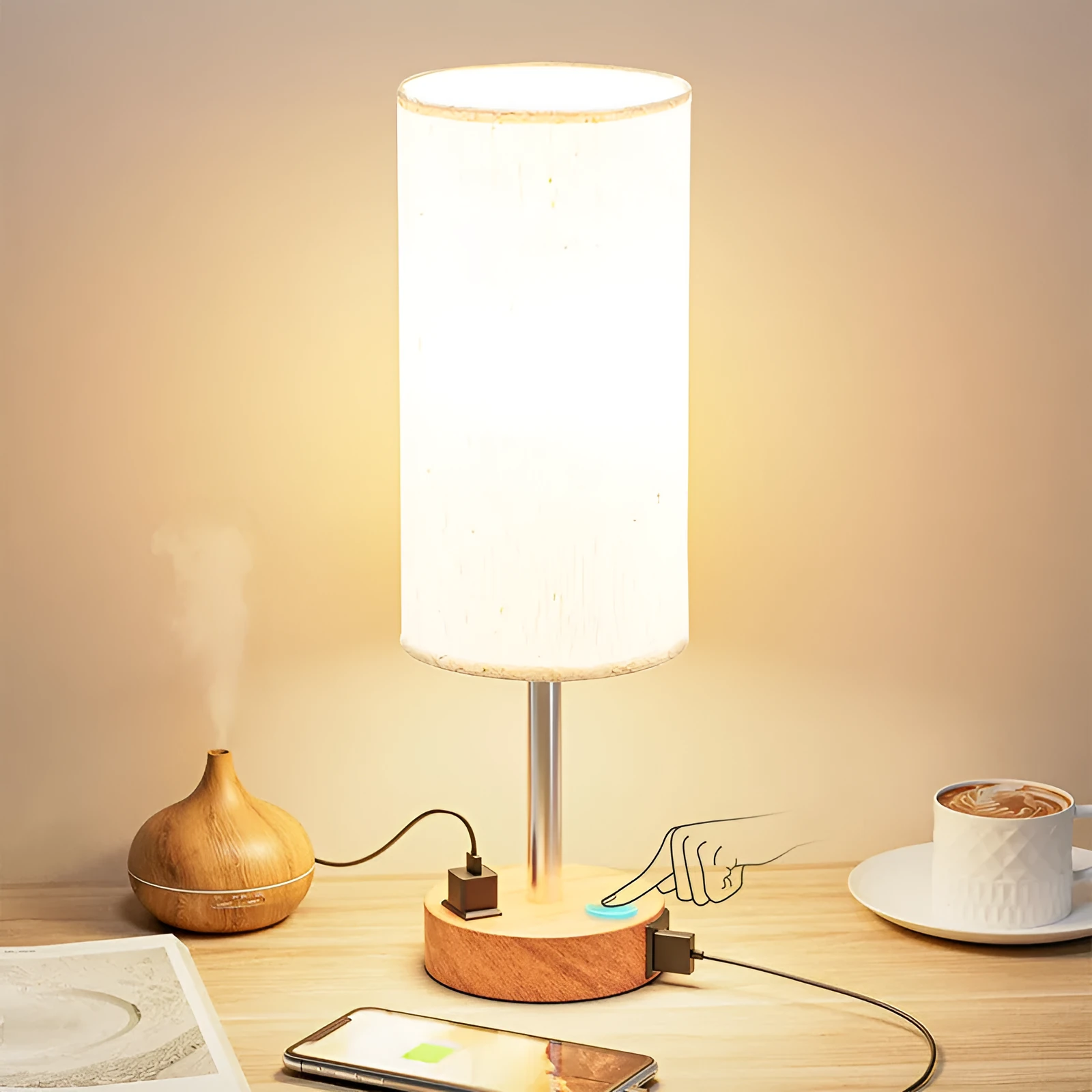Night Wood Grain table lamp with metal base and three-gear touch dimming on a bedside table