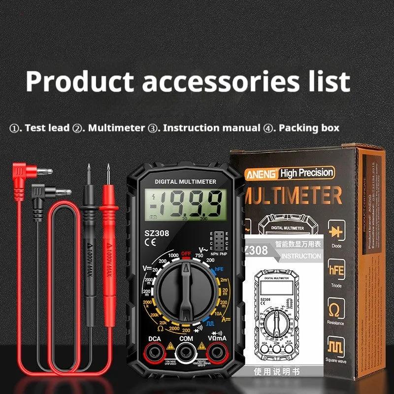 Mini digital multimeter with black casing and test leads on white background