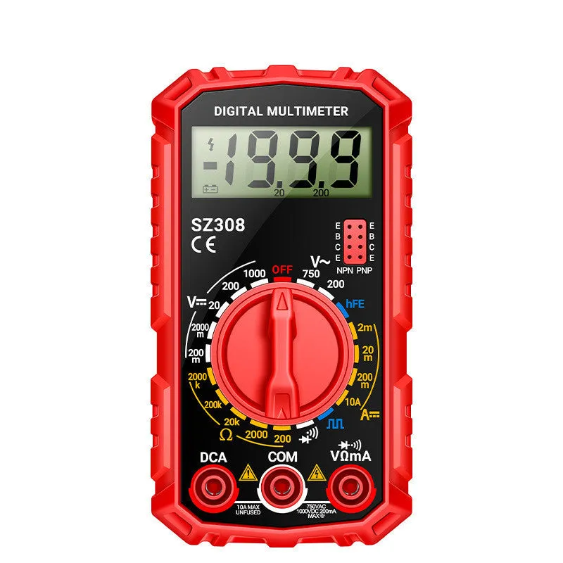 Mini digital multimeter with black casing and test leads on white background