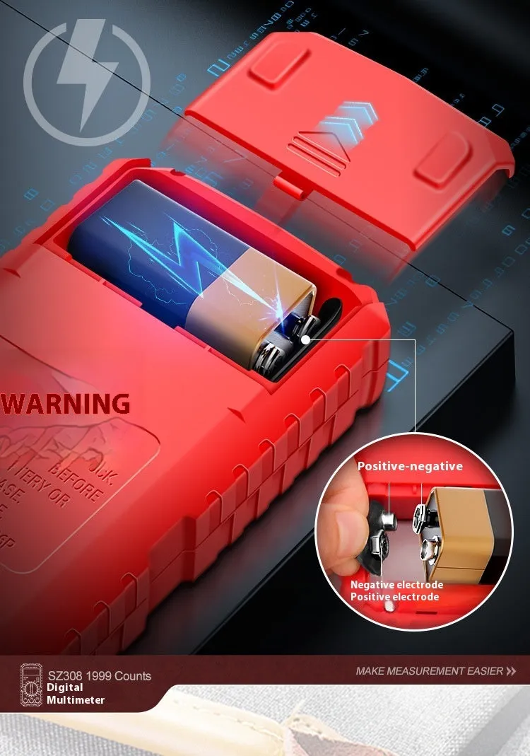 Mini digital multimeter with black casing and test leads on white background