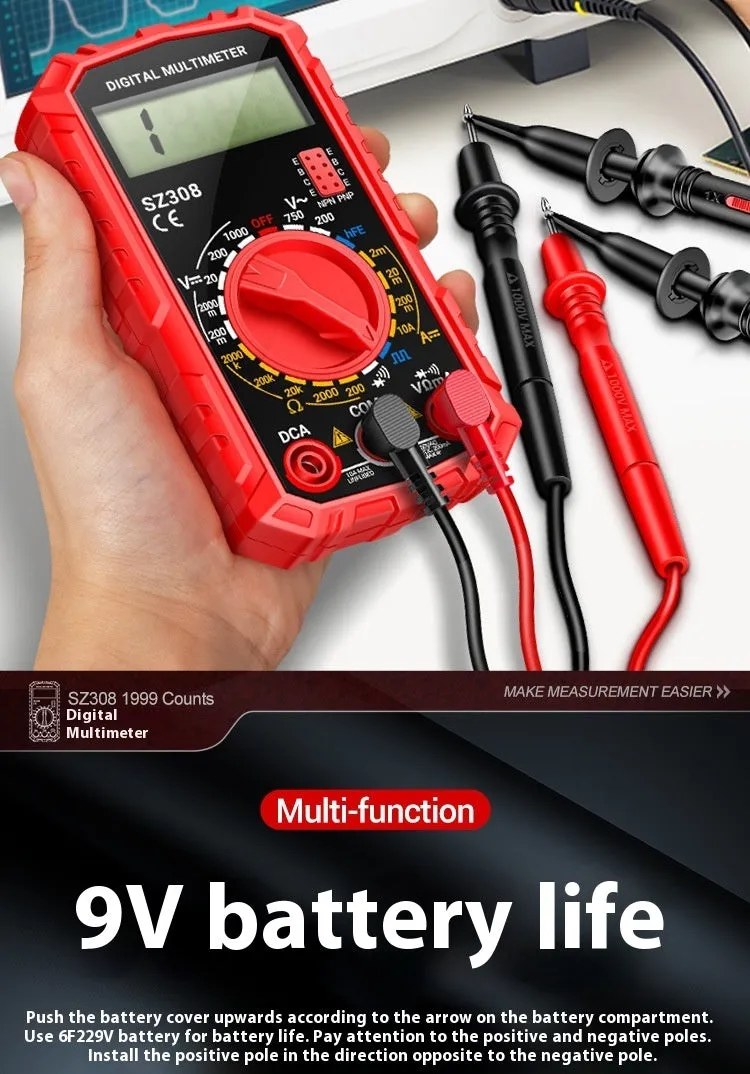 Mini digital multimeter with black casing and test leads on white background