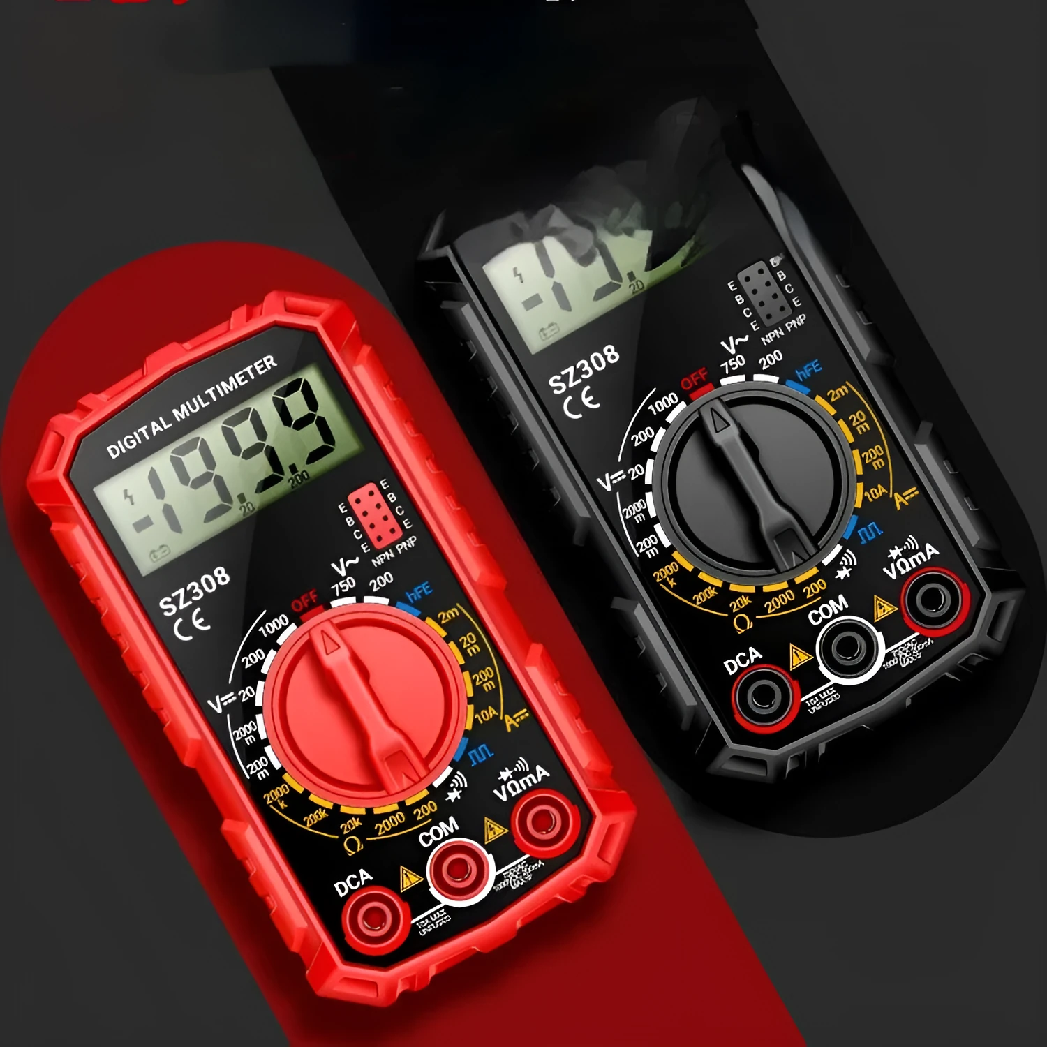 Mini digital multimeter with black casing and test leads on white background