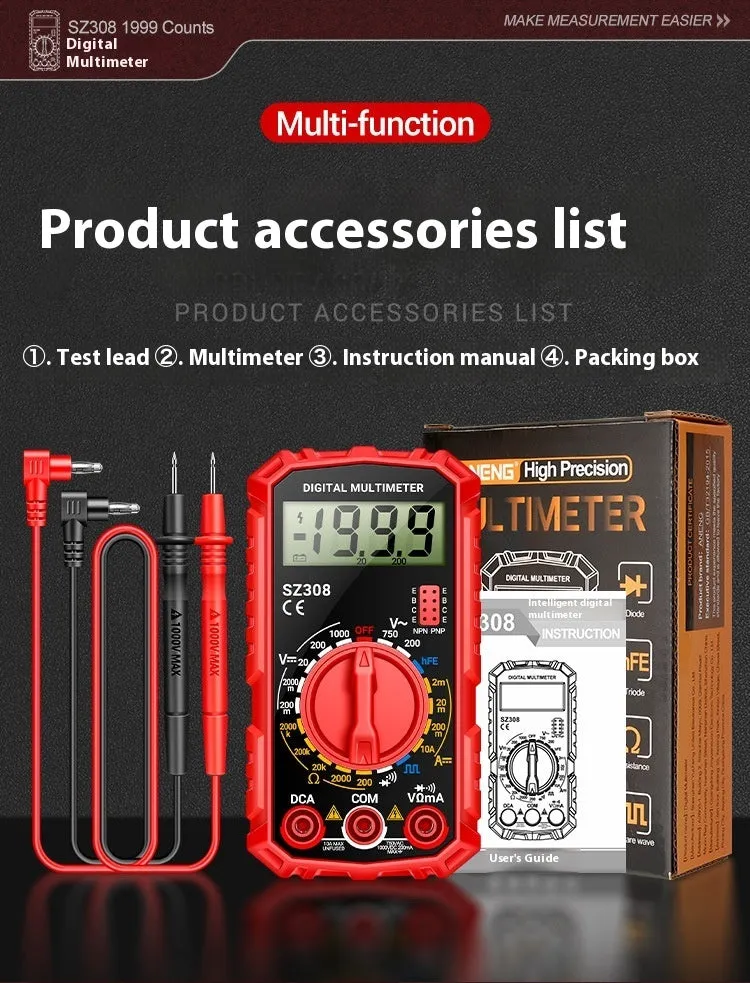 Mini digital multimeter with black casing and test leads on white background