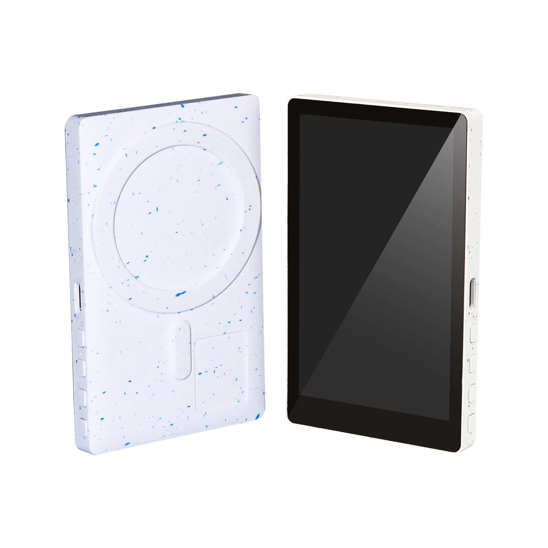 Magnetic wireless charging selfie multi-monitoring device with Bluetooth remote and folding stand on a desk, black model