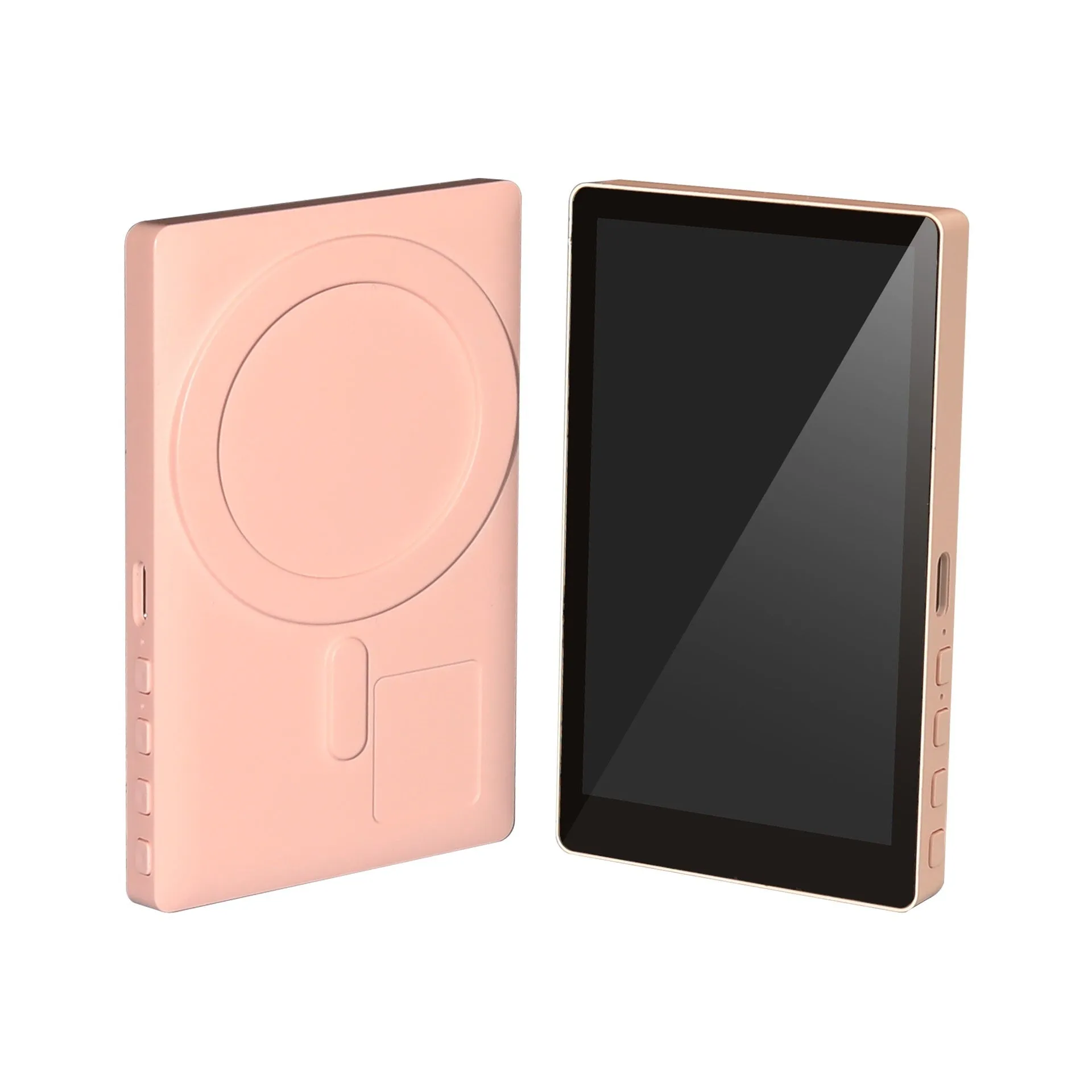 Magnetic wireless charging selfie multi-monitoring device with Bluetooth remote and folding stand on a desk, black model