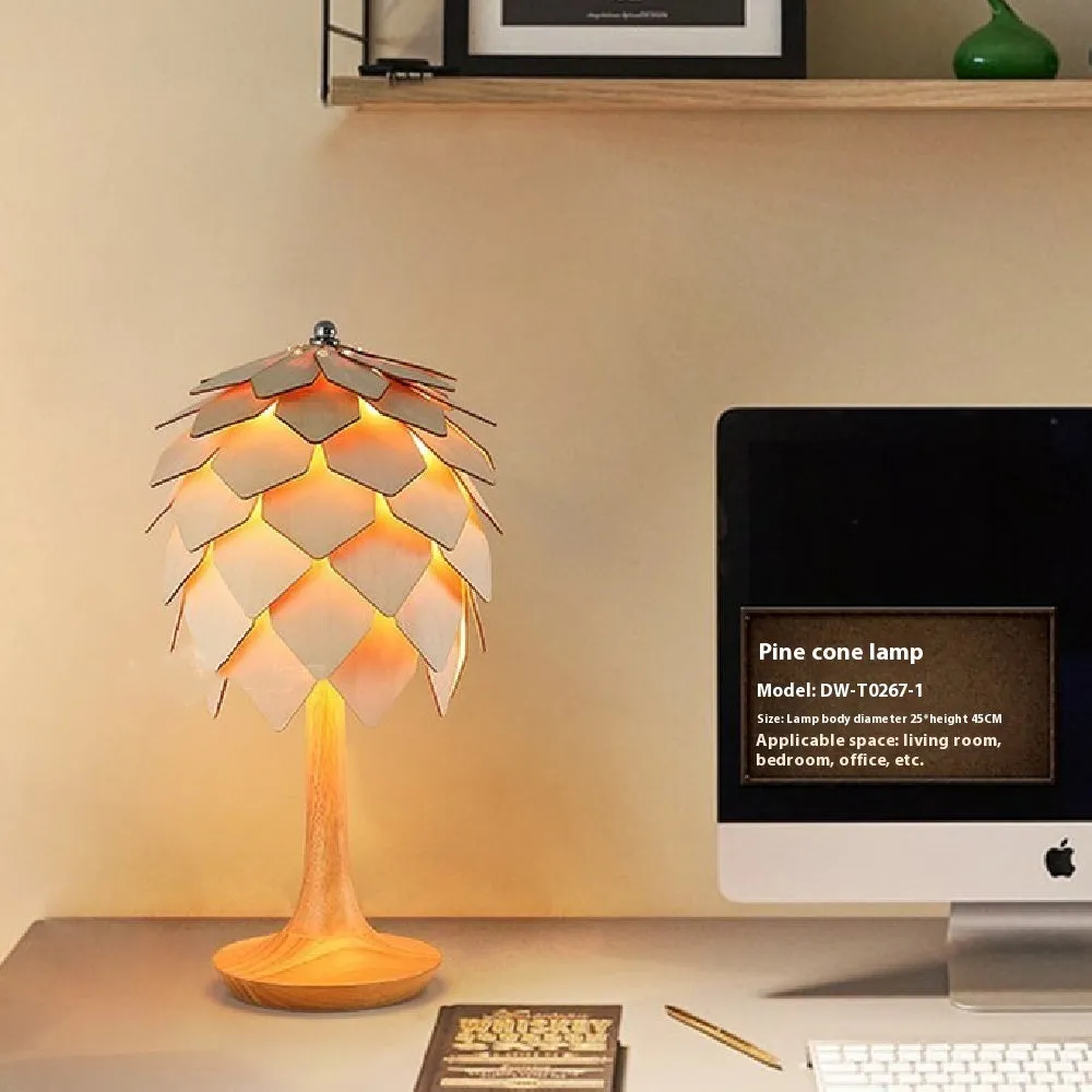 Nordic modern minimalist woodcraft pine cone table lamp 25 cm by 45 cm laser cut