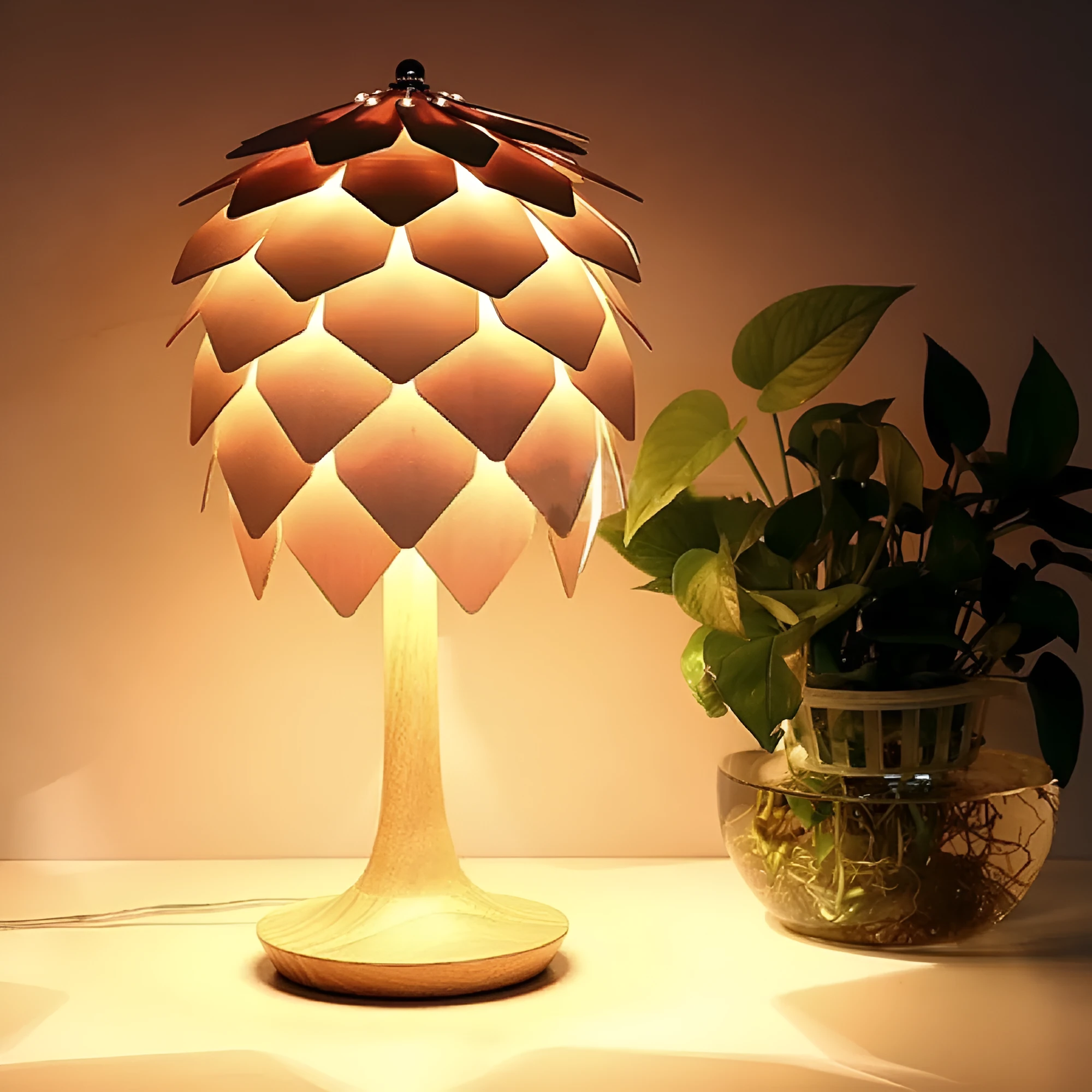 Nordic modern minimalist woodcraft pine cone table lamp 25 cm by 45 cm laser cut