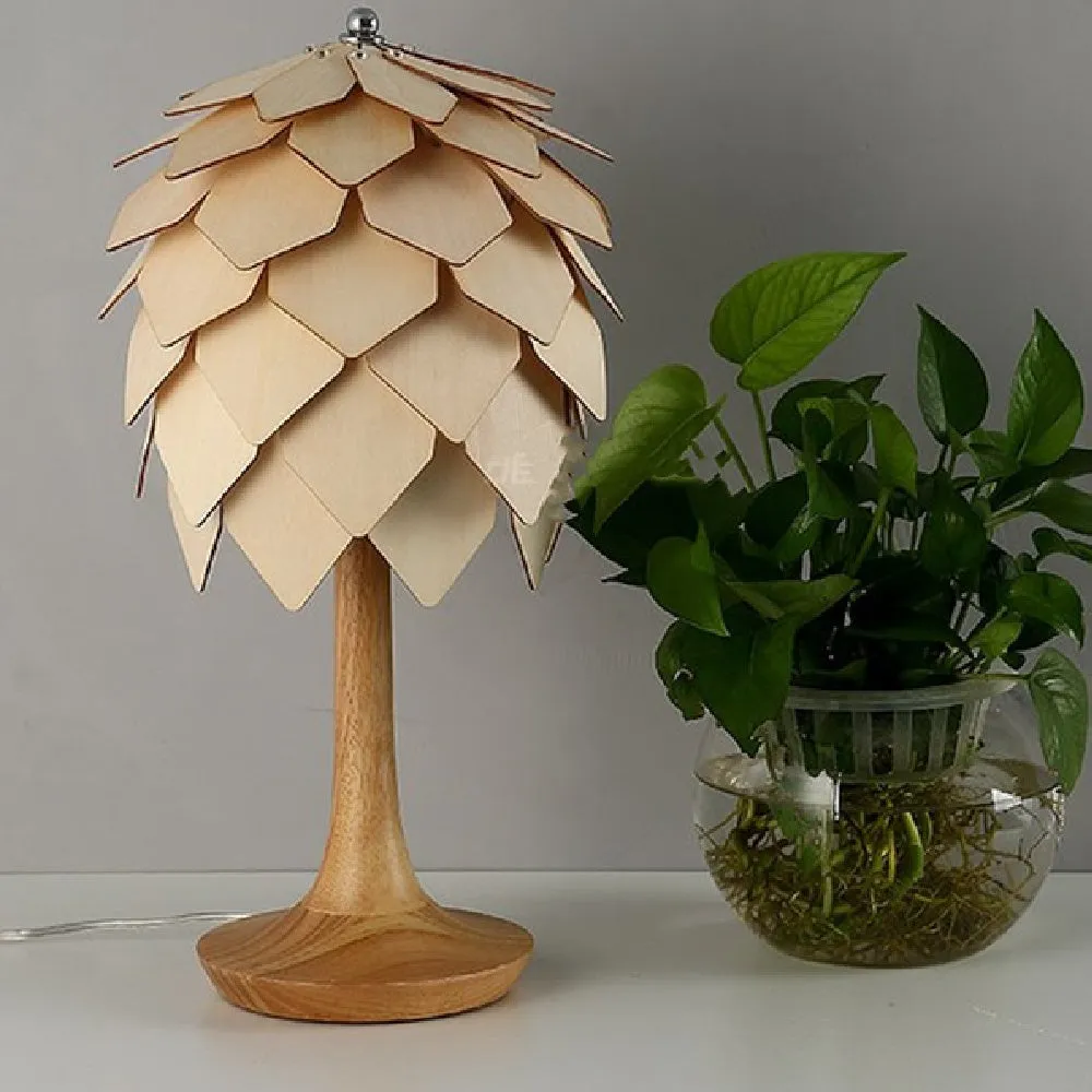 Nordic modern minimalist woodcraft pine cone table lamp 25 cm by 45 cm laser cut