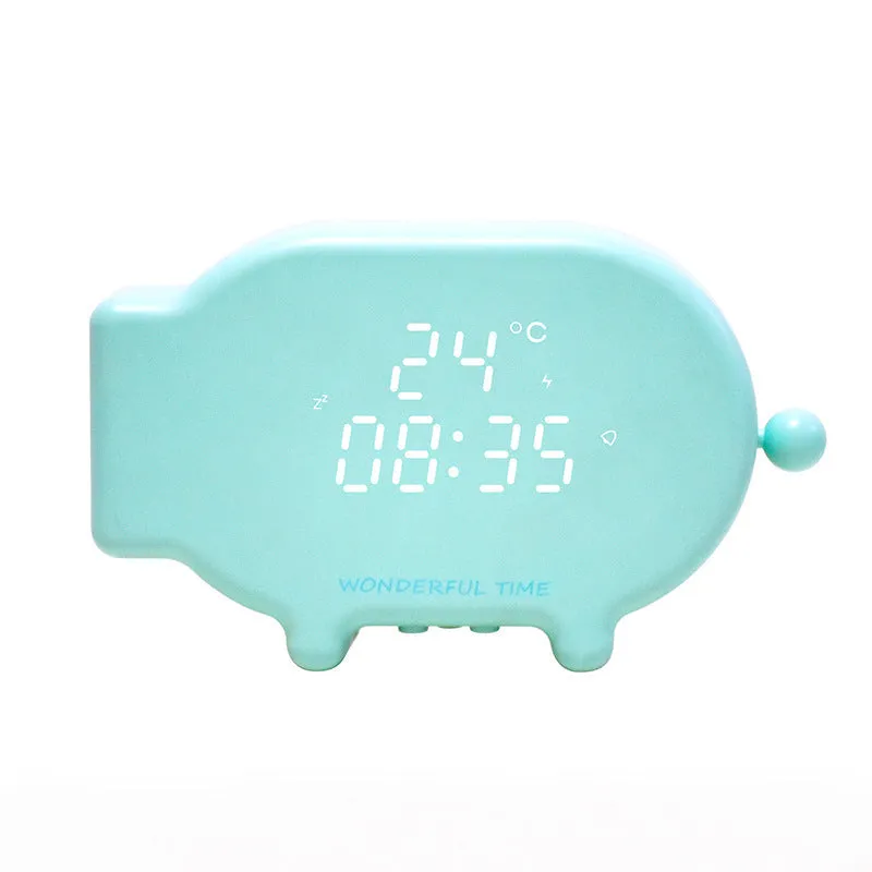 Blue multifunctional LED alarm clock showing time and temperature on display, with USB charging port.