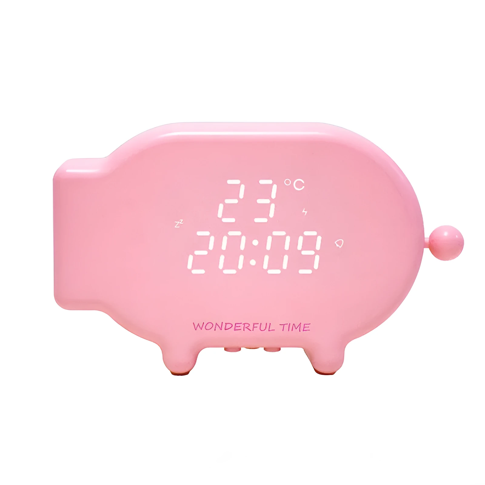 Blue multifunctional LED alarm clock showing time and temperature on display, with USB charging port.