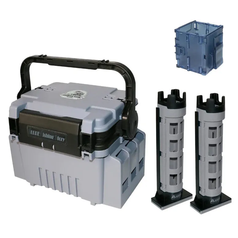 Portable double-layer ABS plastic bait fishing box in blue with pole holder and cup holder