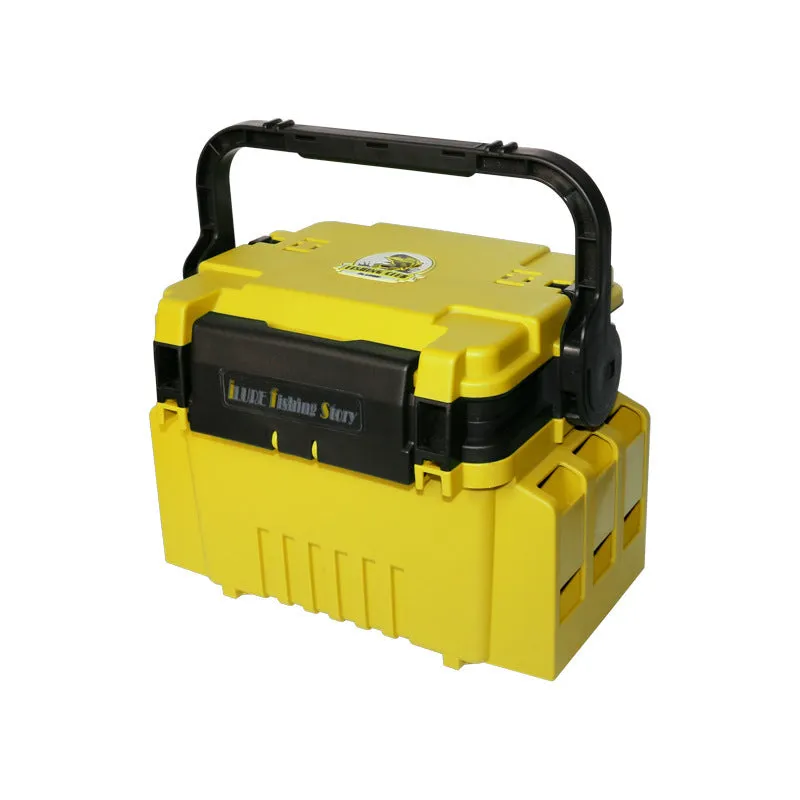 Portable double-layer ABS plastic bait fishing box in blue with pole holder and cup holder
