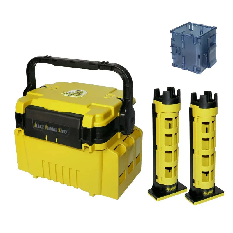 Portable double-layer ABS plastic bait fishing box in blue with pole holder and cup holder