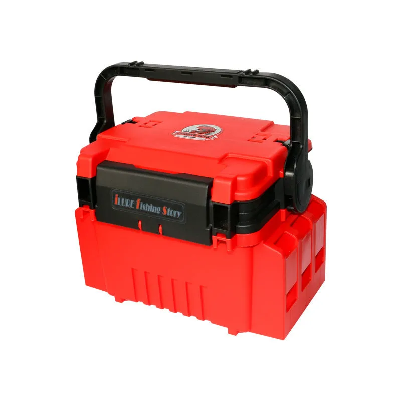 Portable double-layer ABS plastic bait fishing box in blue with pole holder and cup holder