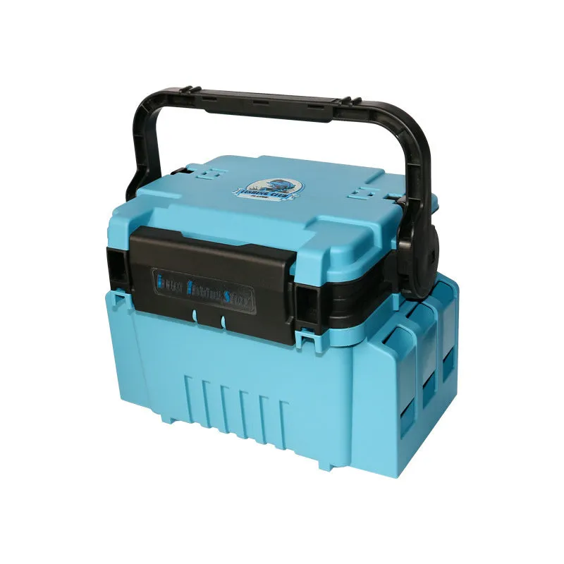 Portable double-layer ABS plastic bait fishing box in blue with pole holder and cup holder