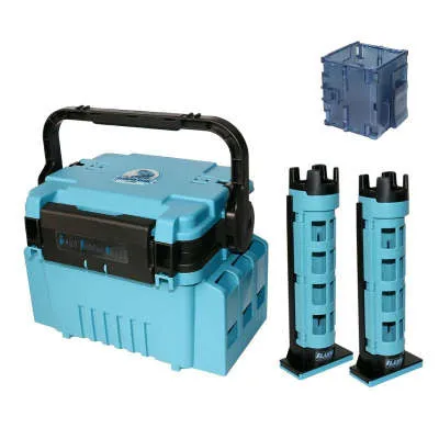 Portable double-layer ABS plastic bait fishing box in blue with pole holder and cup holder