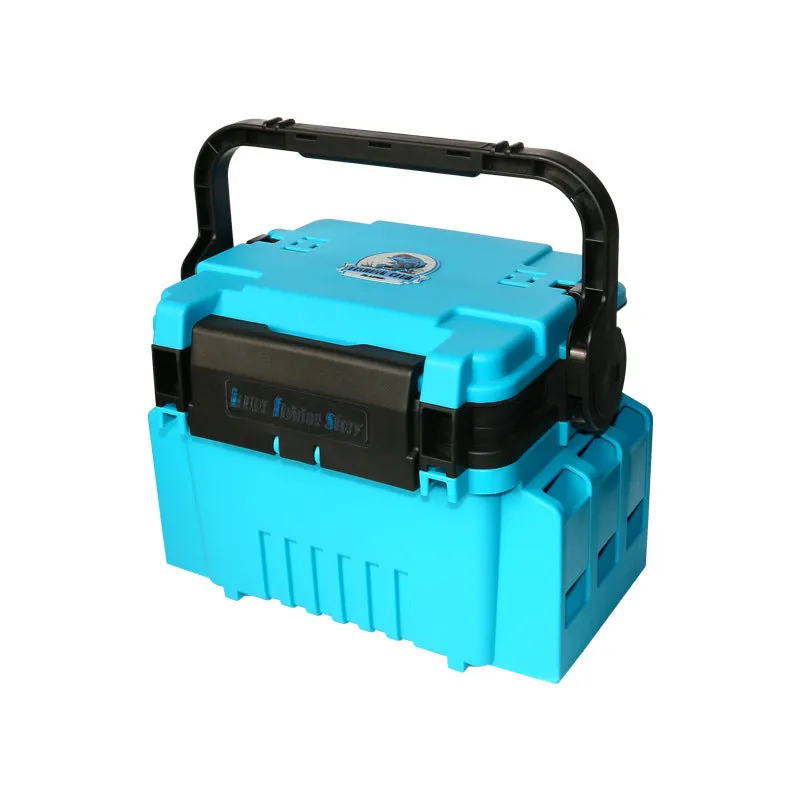 Portable double-layer ABS plastic bait fishing box in blue with pole holder and cup holder