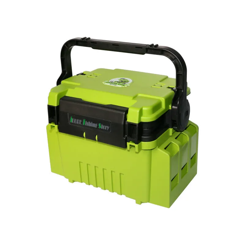 Portable double-layer ABS plastic bait fishing box in blue with pole holder and cup holder