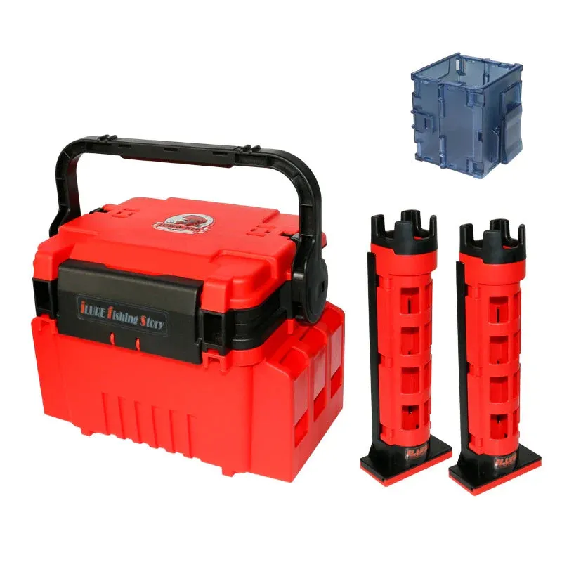 Portable double-layer ABS plastic bait fishing box in blue with pole holder and cup holder