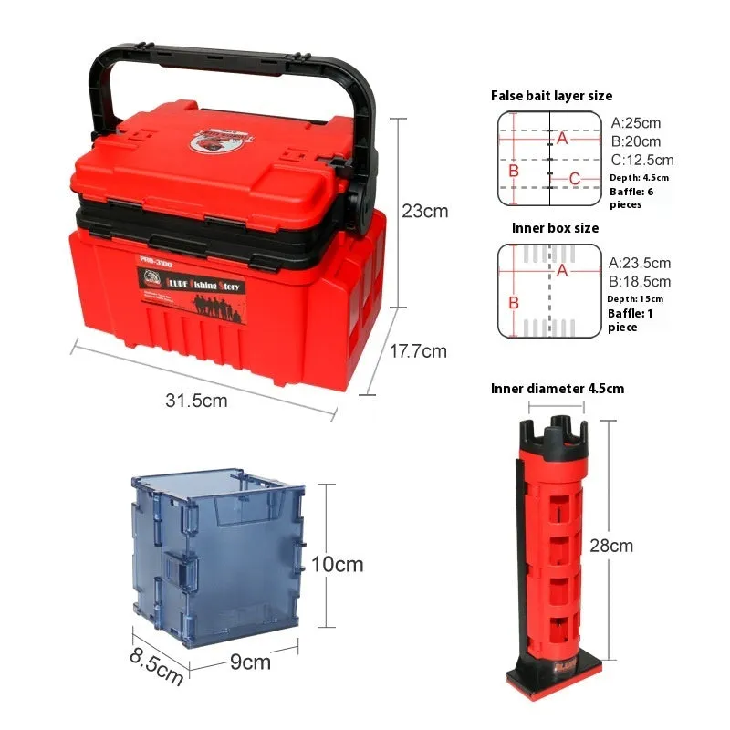 Portable double-layer ABS plastic bait fishing box in blue with pole holder and cup holder
