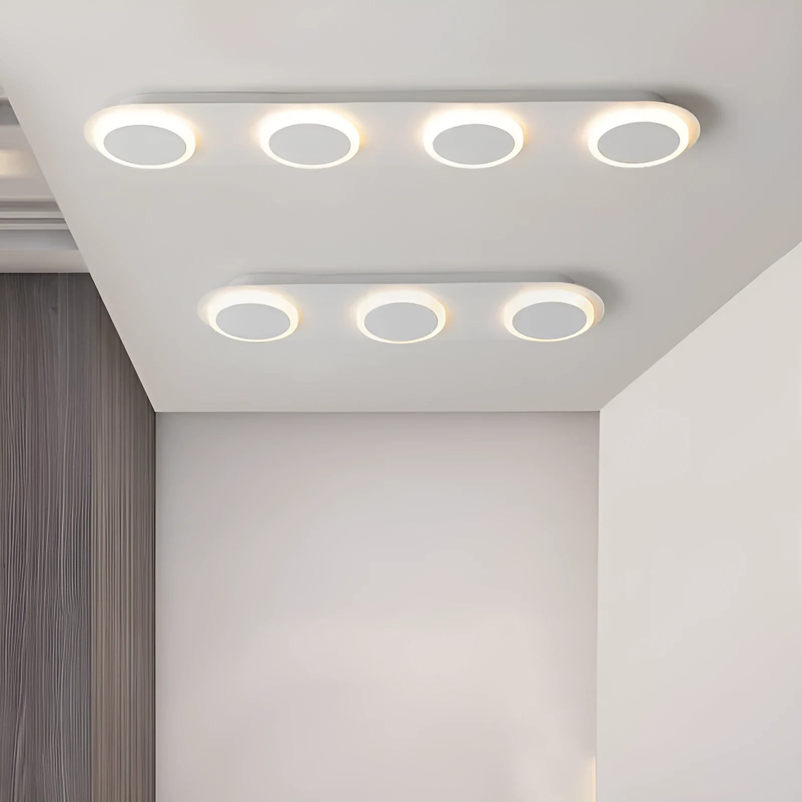 Matte white strip ceiling lamp with iron and acrylic shade, 3 heads, for hallway