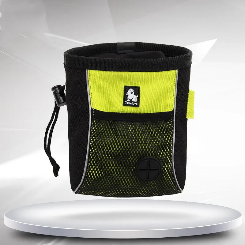Green and orange dog training waist bags with a removable garbage bag, shown in small and medium sizes.