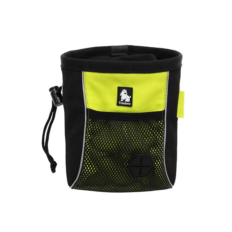Green and orange dog training waist bags with a removable garbage bag, shown in small and medium sizes.