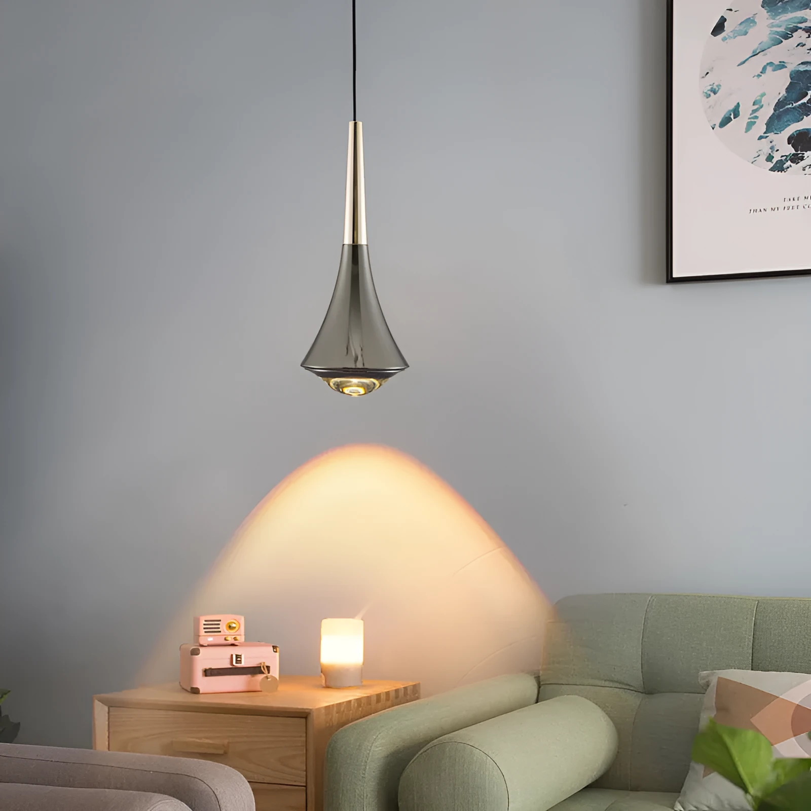 Modern adjustable Nordic bedroom bedside chandelier in shiny black gold finish with lifting design