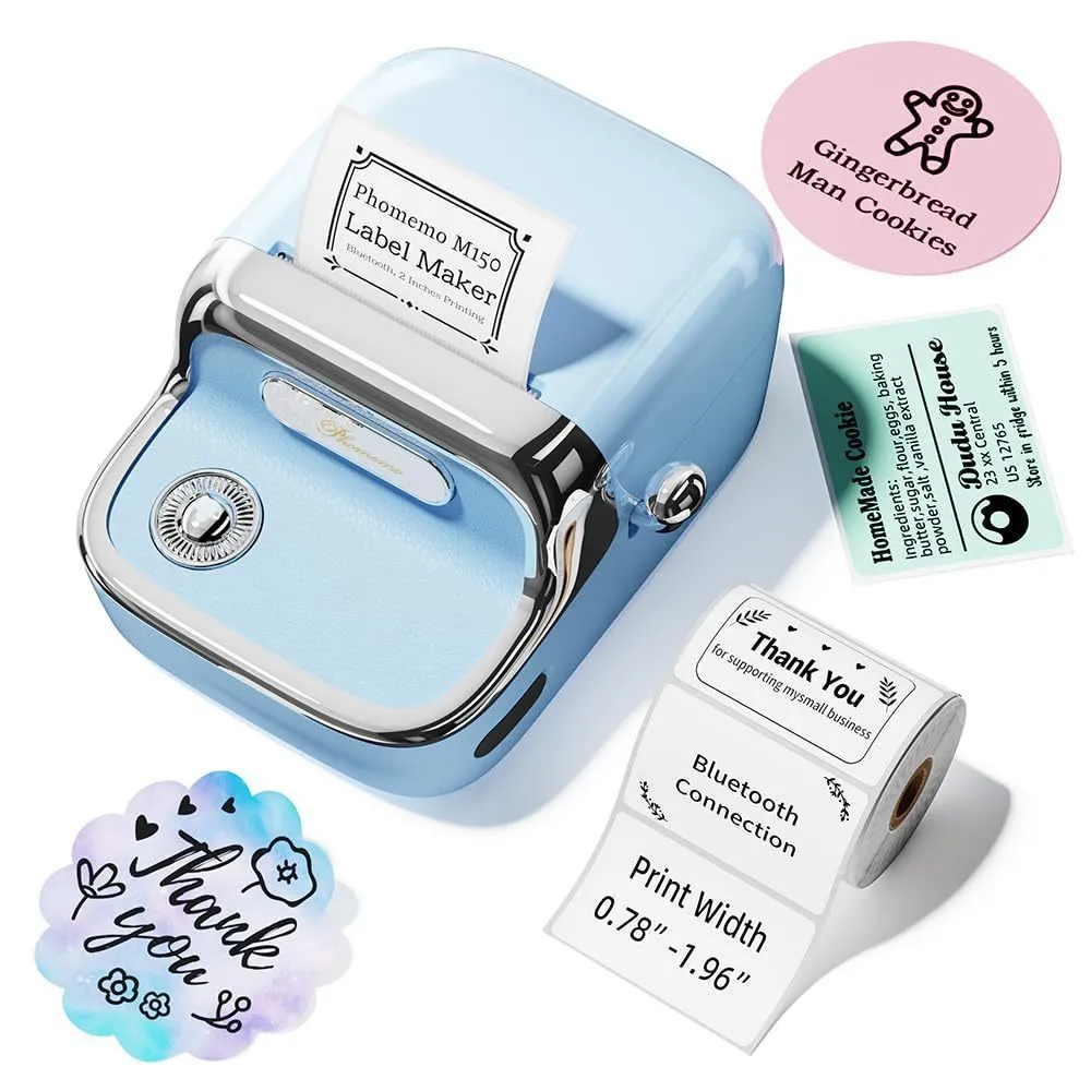 Portable handheld Bluetooth thermal label printer M150 in sky blue with compact design