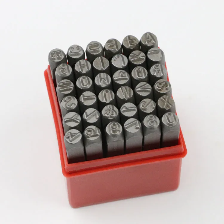 36-piece steel letter and number stamp set in sandblasted finish with storage box, four character sizes
