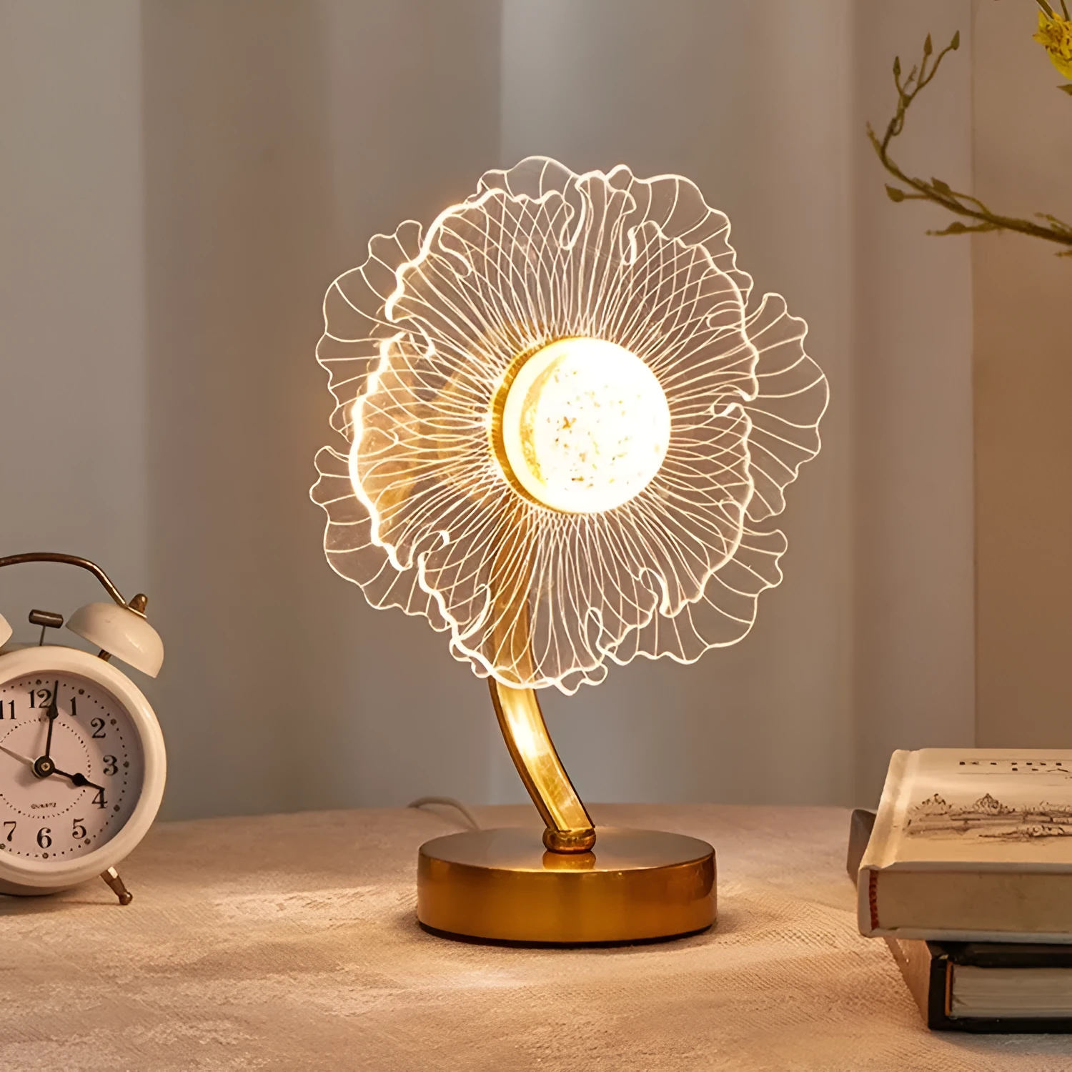 Creative acrylic table lamp with three-colour USB dimming, sunflower shape, on a desk