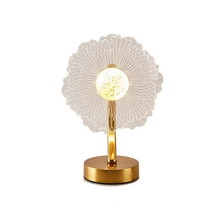 Creative acrylic table lamp with three-colour USB dimming, sunflower shape, on a desk