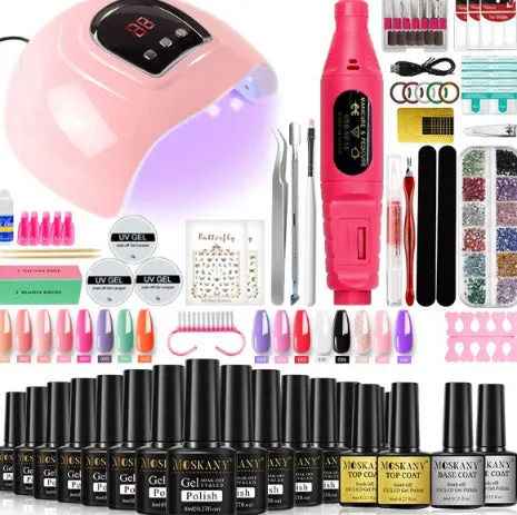 Gel nail polish set with UV lamp, USB cable, and plastic suit in multicolor finish