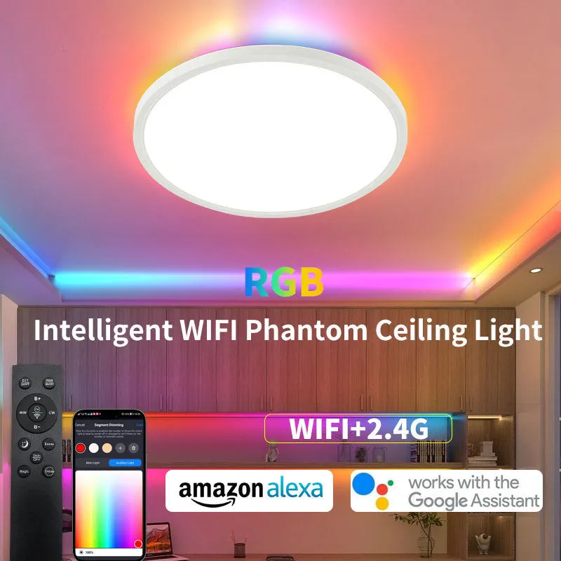 24W round LED ceiling light with RGB backlight remote control white frame flush mount 29cm diameter