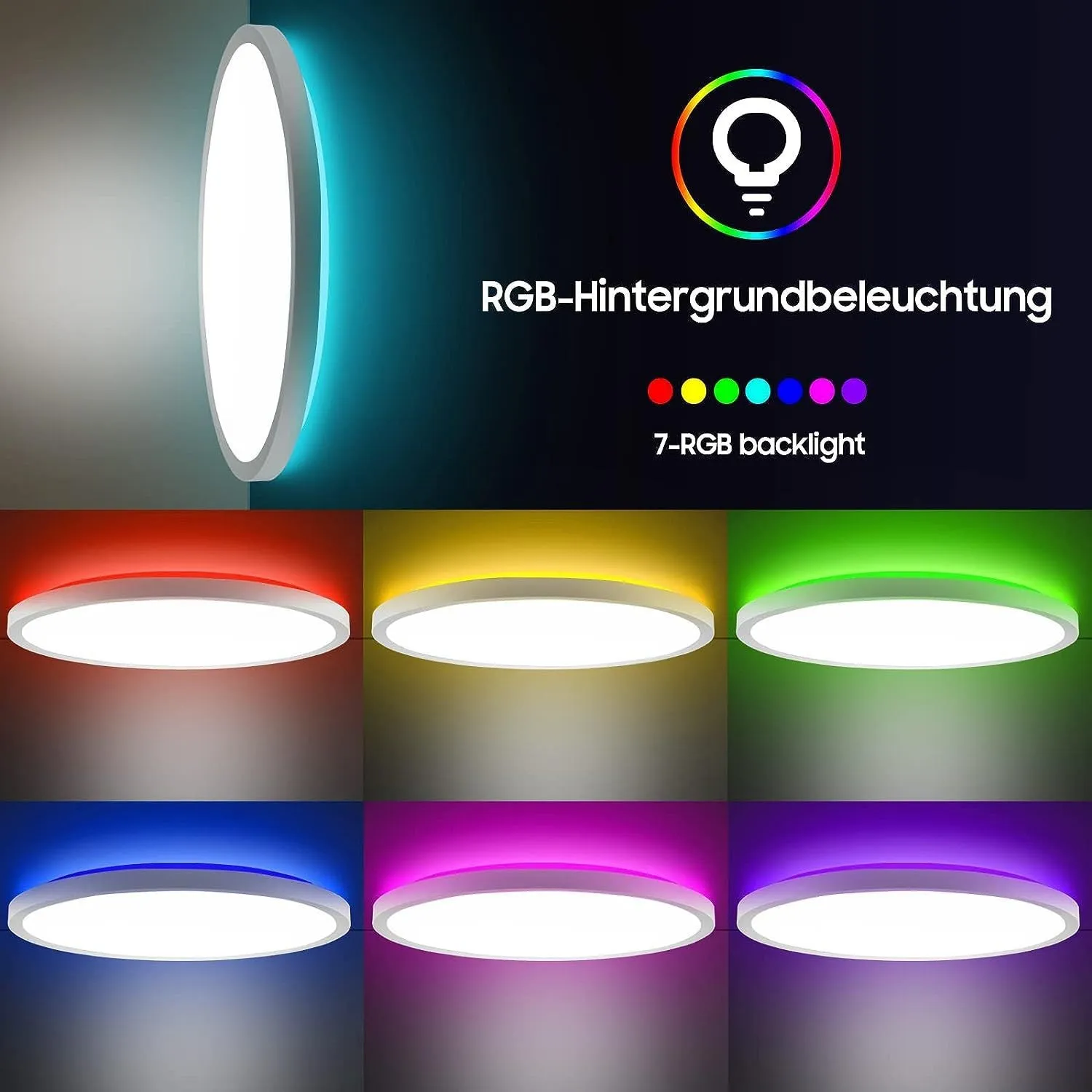 24W round LED ceiling light with RGB backlight remote control white frame flush mount 29cm diameter