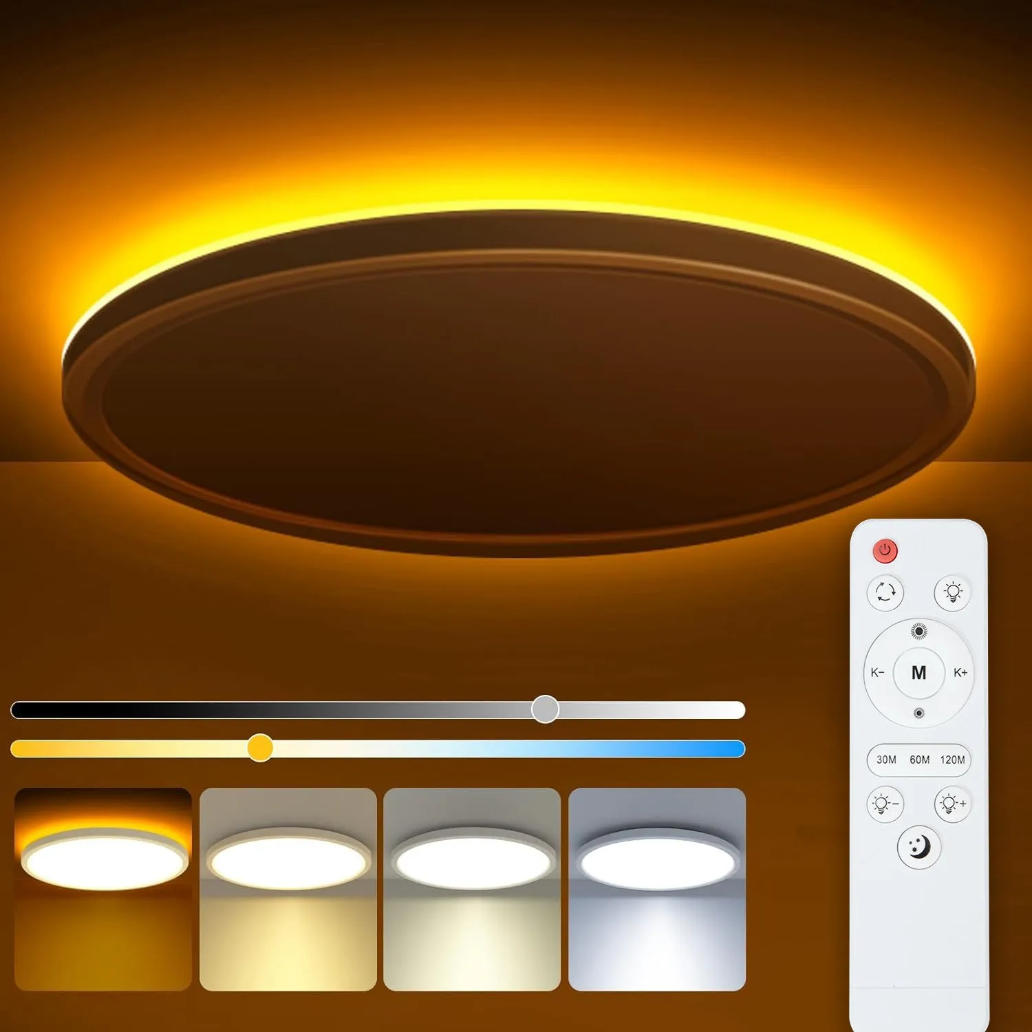 24W round LED ceiling light with RGB backlight remote control white frame flush mount 29cm diameter
