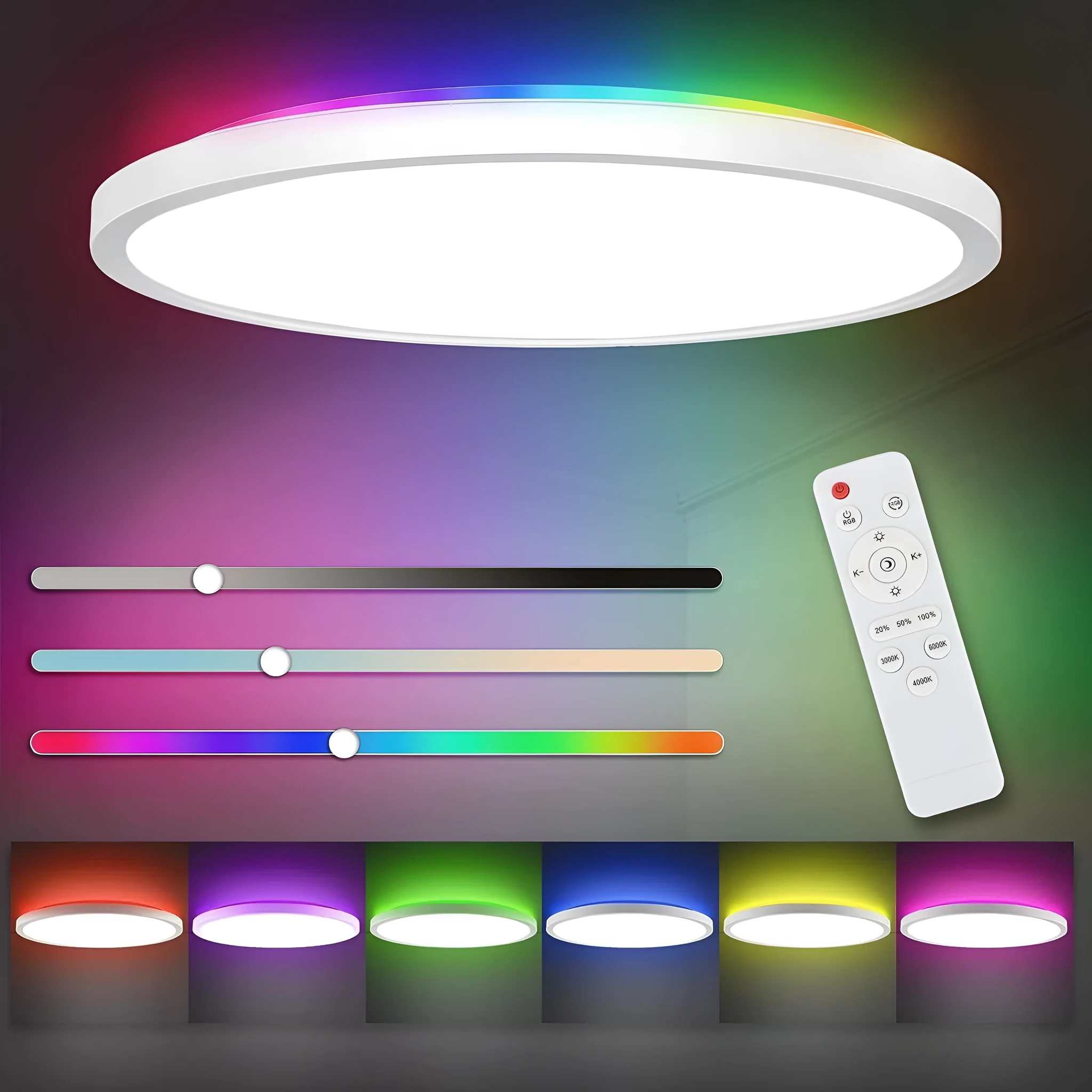 24W round LED ceiling light with RGB backlight remote control white frame flush mount 29cm diameter