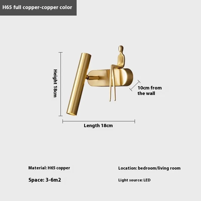 All-copper bedroom bedside wall lamp modern minimalist with copper finish, left mount