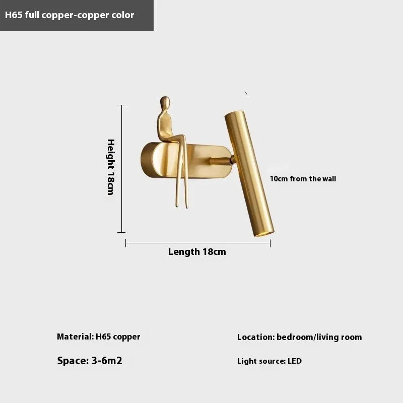 All-copper bedroom bedside wall lamp modern minimalist with copper finish, left mount
