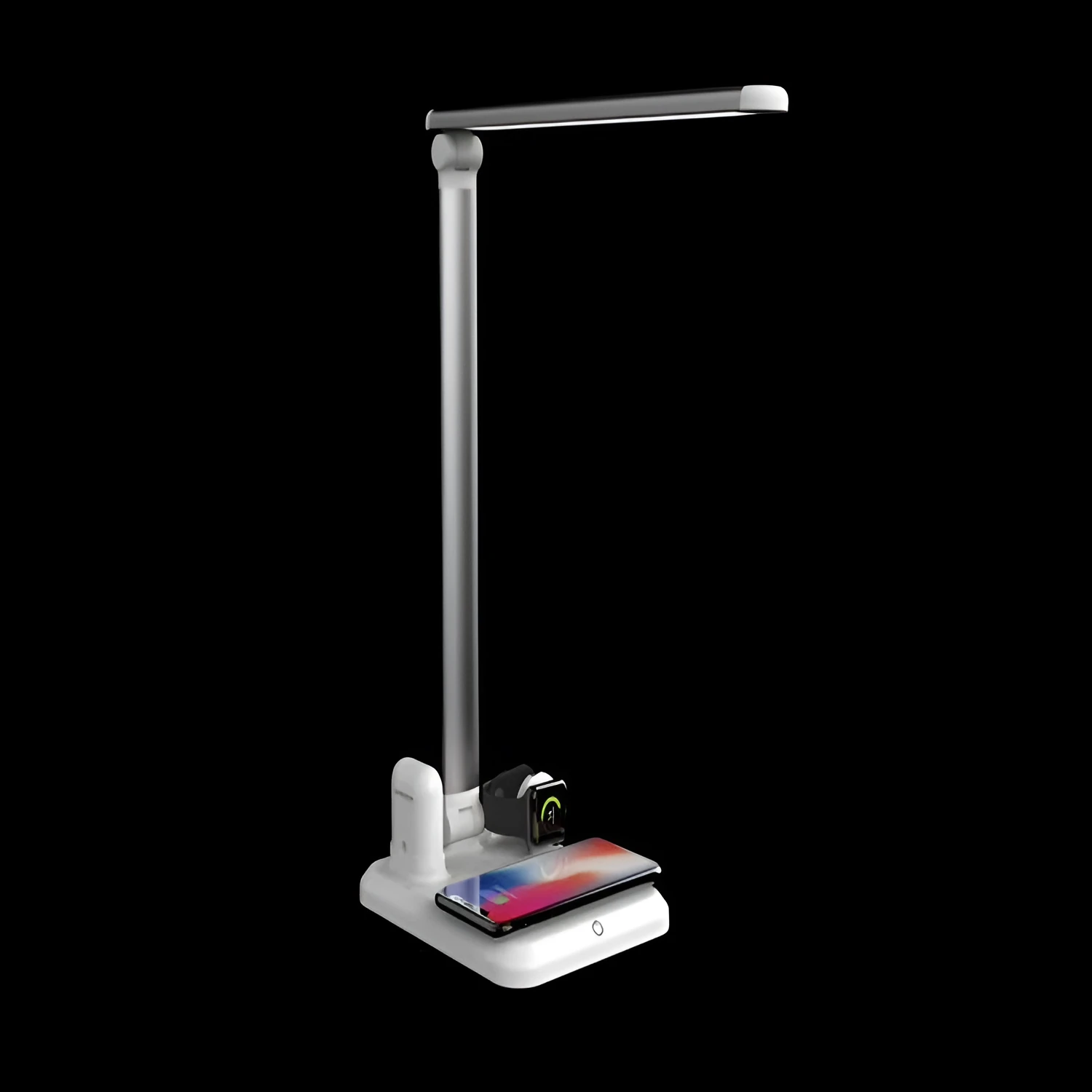 Black and white 4-in-1 LED desk lamp with integrated wireless phone charging pad visible on base