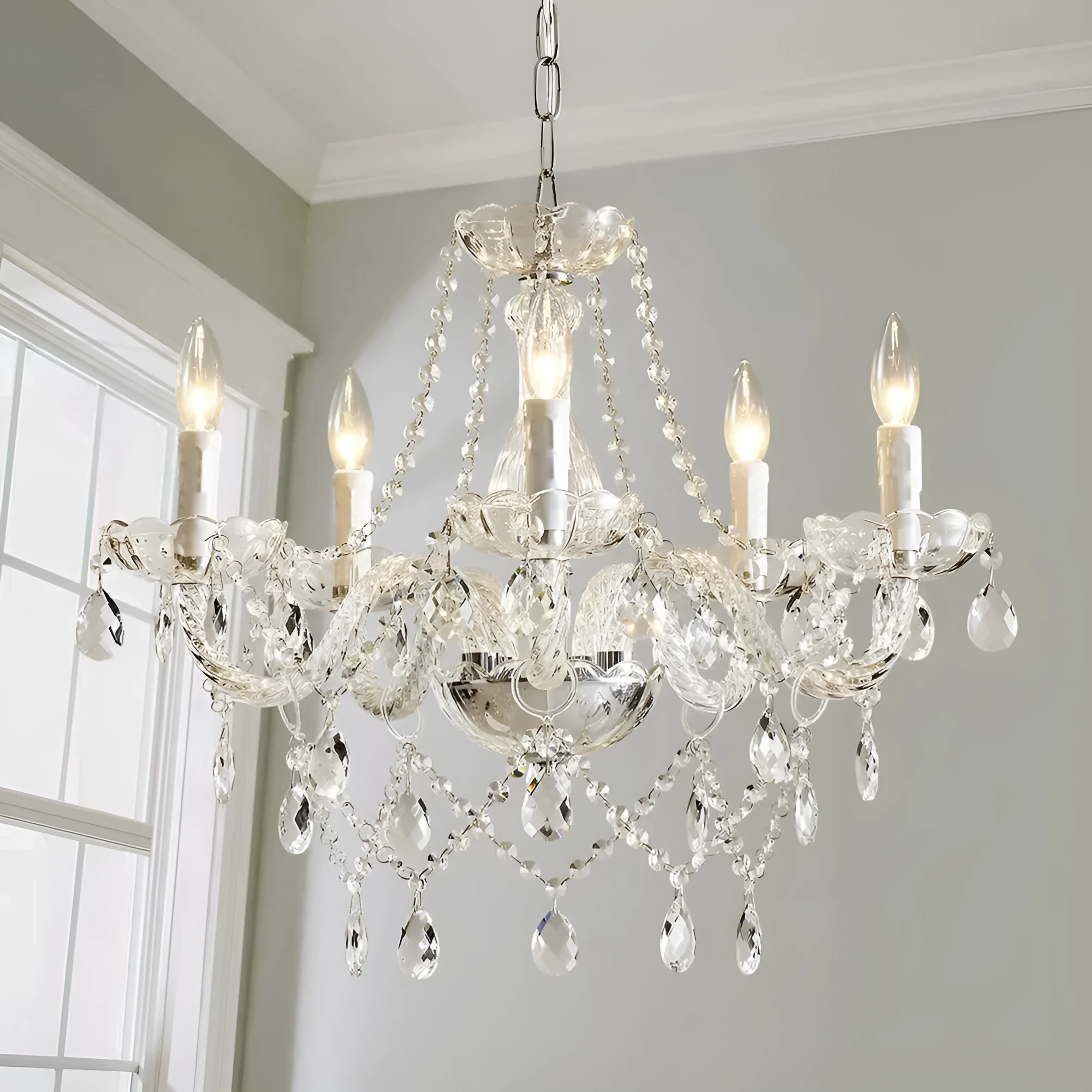 European crystal chandelier with five heads in storm lantern style for living room and bedroom lighting