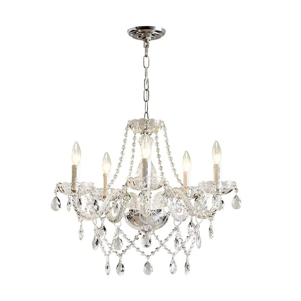 European crystal chandelier with five heads in storm lantern style for living room and bedroom lighting