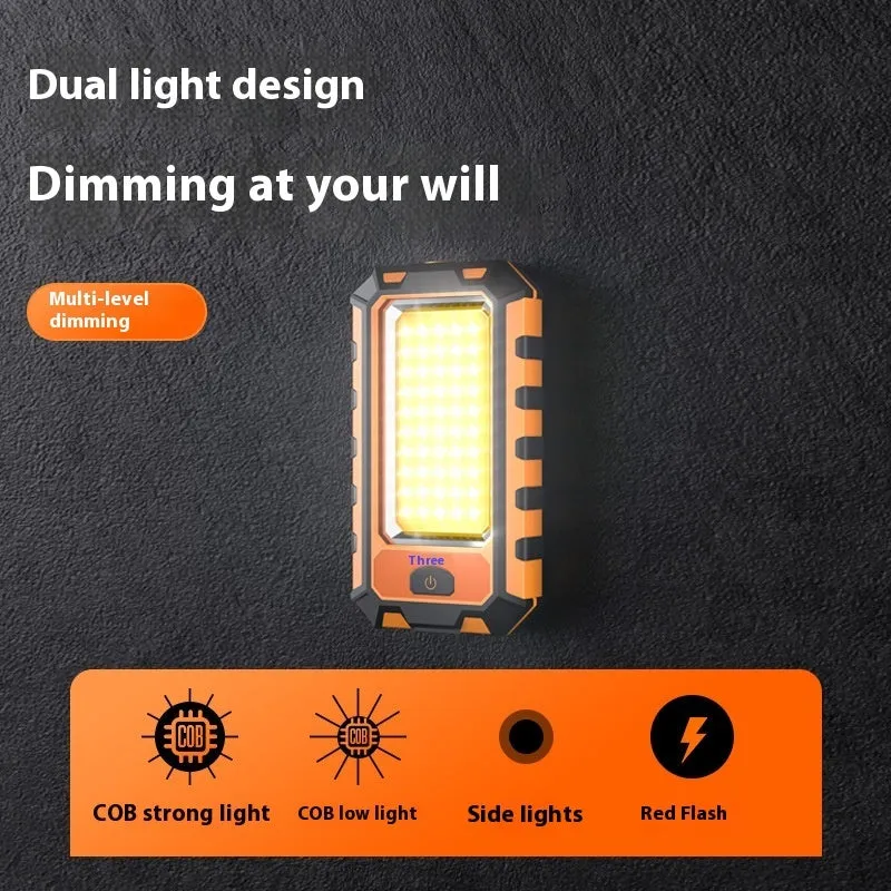 Multifunctional work light with magnetic base, dual COB and headlight modes, compact black unit