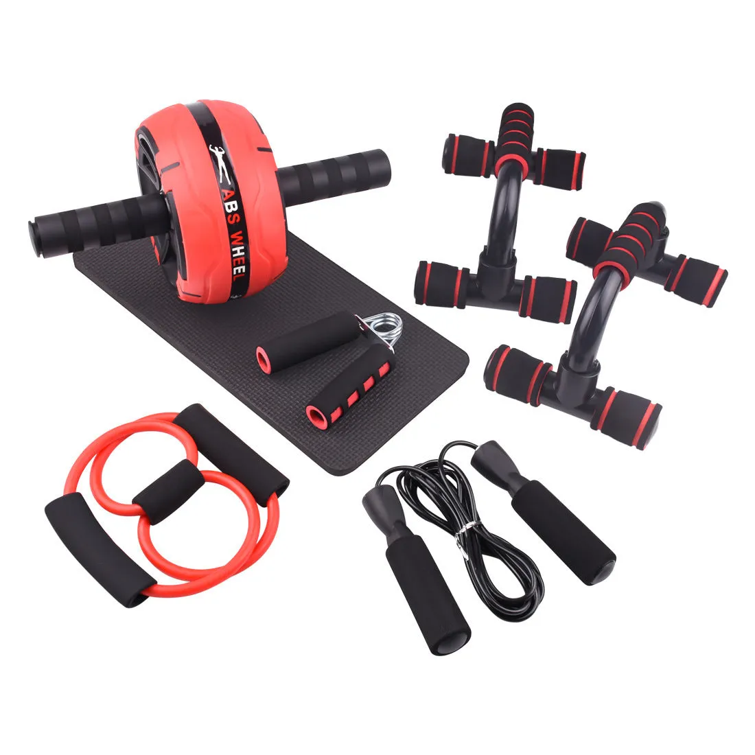 Green resistance band and push-up bar abdominal power fitness set on a floor.