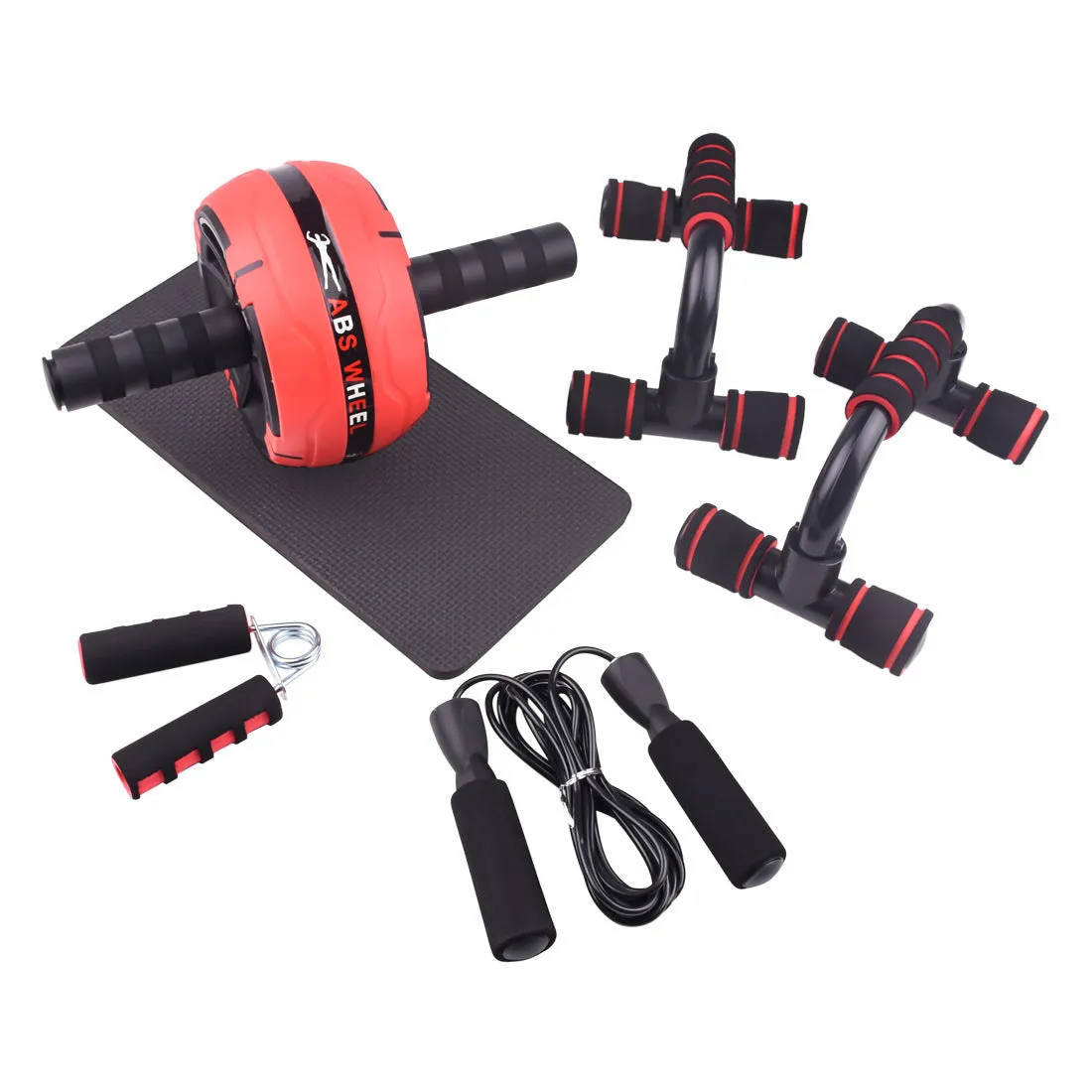 Green resistance band and push-up bar abdominal power fitness set on a floor.