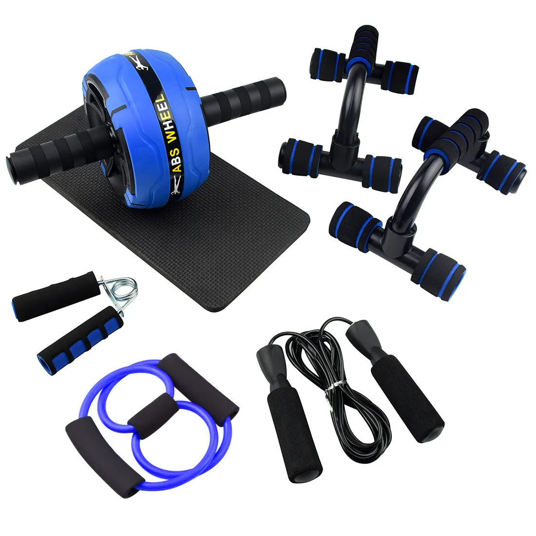 Green resistance band and push-up bar abdominal power fitness set on a floor.