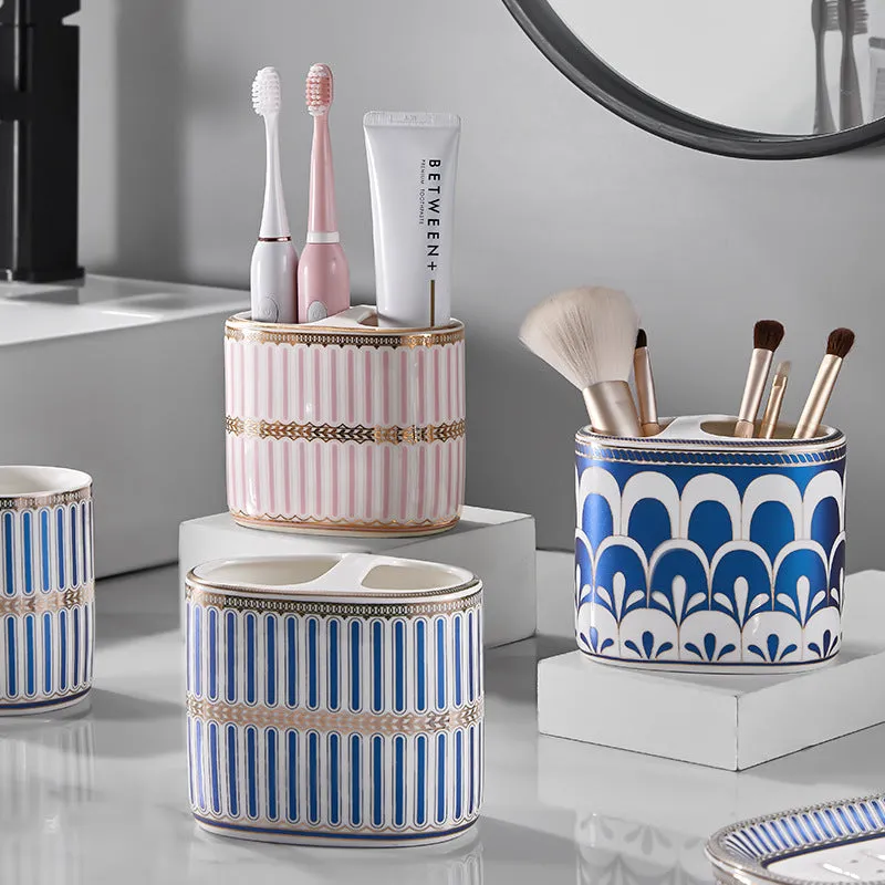 Ceramic toothbrush rack in household light luxury style with three colour options on a bathroom counter