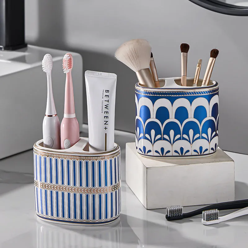 Ceramic toothbrush rack in household light luxury style with three colour options on a bathroom counter